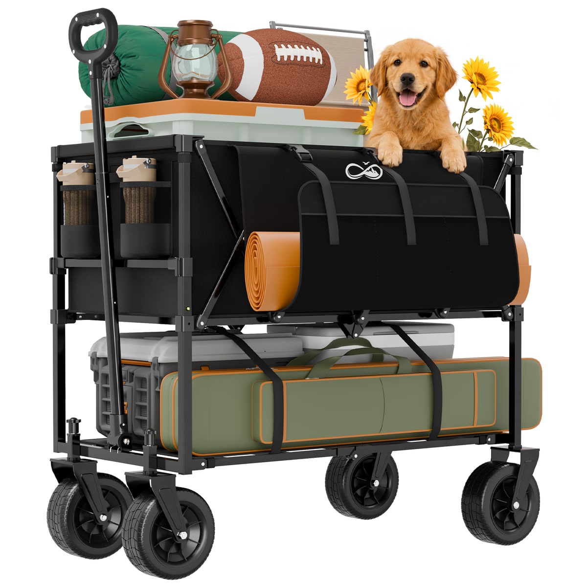 Black INFINFREE Double-Decker Wagon with camping gear on two levels