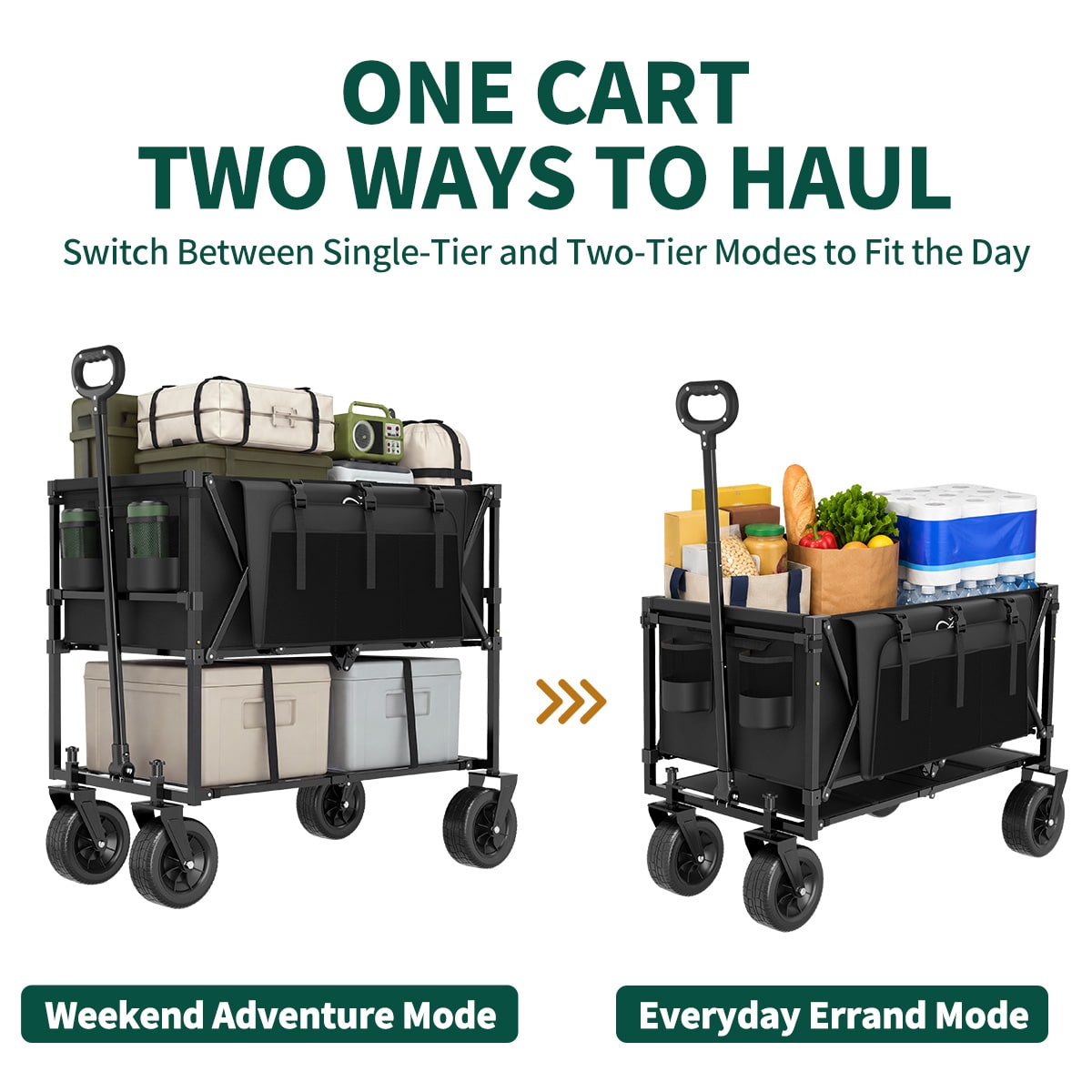 Double-Decker Wagon shown in raised and single-tier configurations