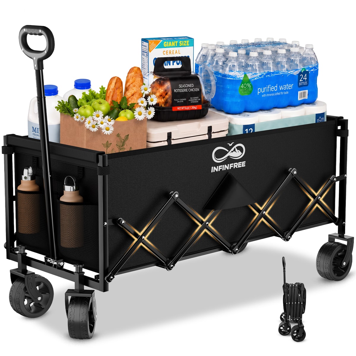 Black INFINFREE Everyday Wagon loaded with groceries, with folded view inset