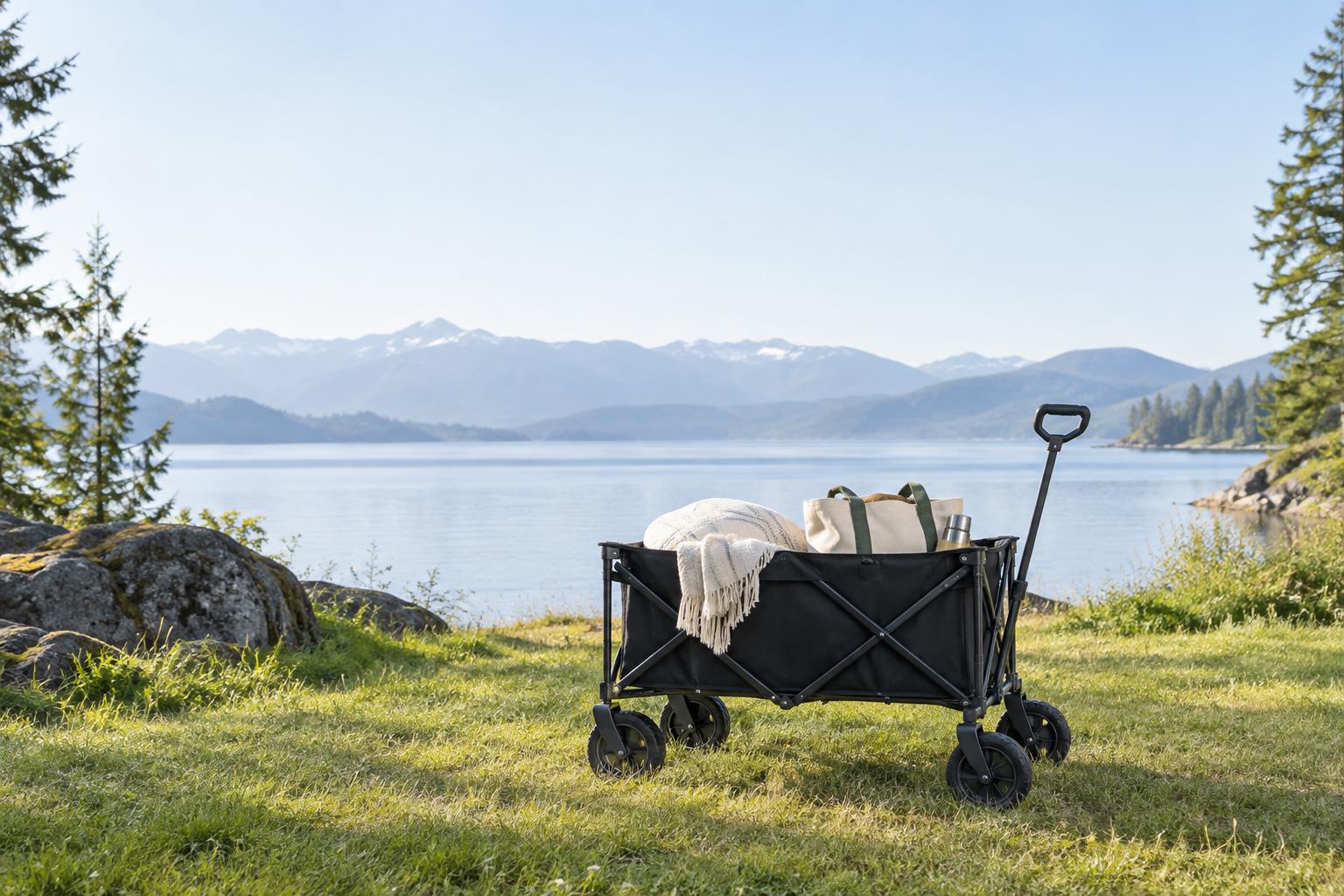 A folding wagon beside a calm mountain lake
