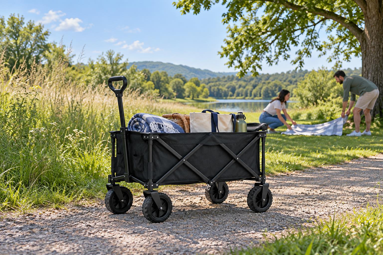 A wagon packed for an afternoon picnic