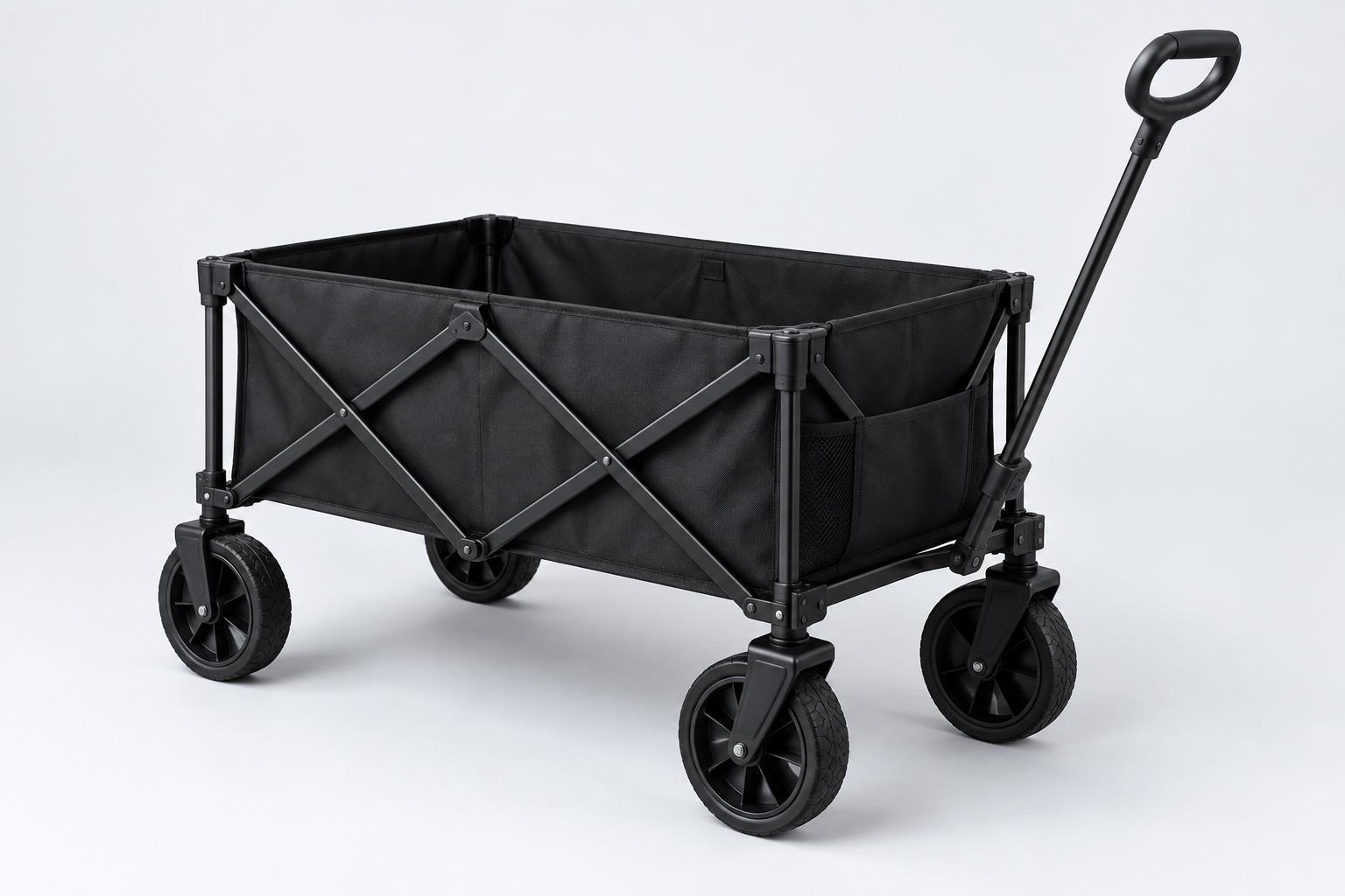 The frame and wheels of a black folding wagon